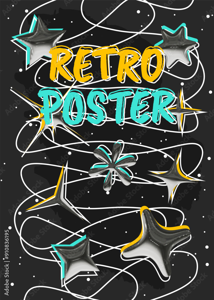Poster abstract poster in graffiti style with 3d elements with chrome effect in y2k style. vector template 