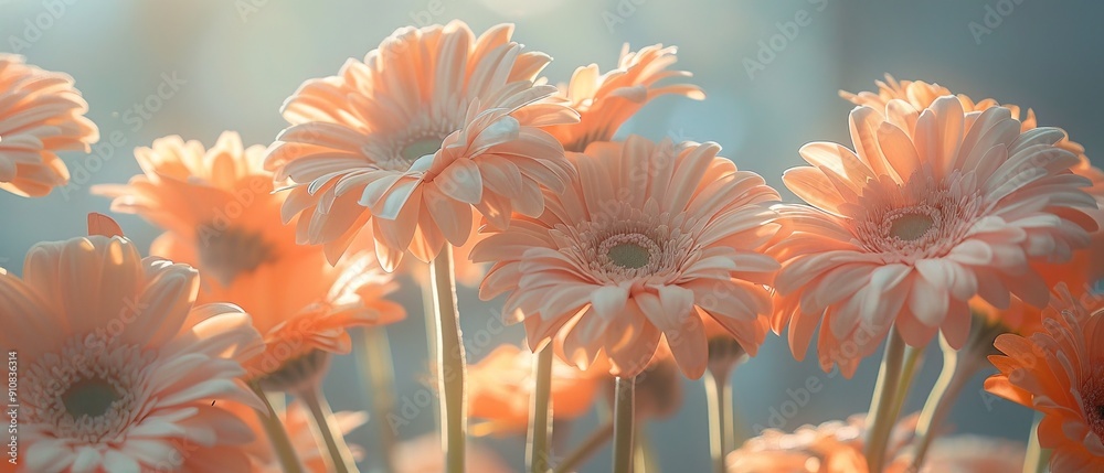 Wall mural pastel peachy gerbera flowers with aesthetic sunlight shadows