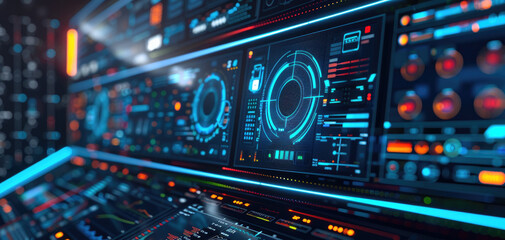 Depict 3D security software with a dashboard monitoring and neutralizing threats in realtime, focus on, theme digital safety, realistic, Composite, hightech control room backdrop