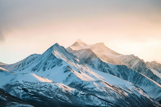 A large mountain, covered in snow, stands tall beneath a cloudy sky, creating a stunning contrast of white and gray, Snow-covered mountain peaks under a pale, winter sunset, AI Generated