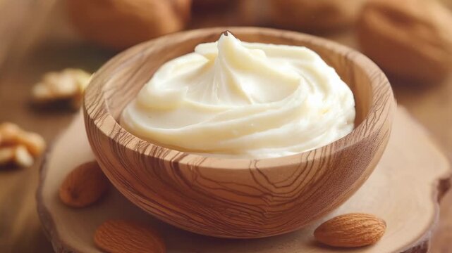 Close-up bowl of homemade shea butter for skincare. 3D animation generated with image generation AI software