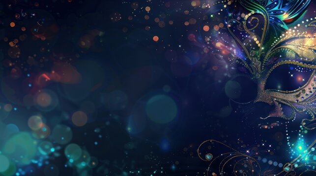 A glittering, colorful masquerade mask with sparkling lights and a dark blue background.