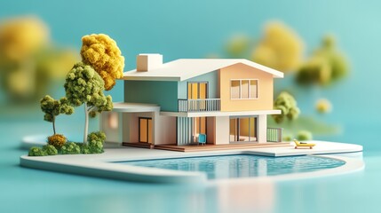 Colorful miniature house model next to a swimming pool and trees, illustrating modern architecture and serene living.