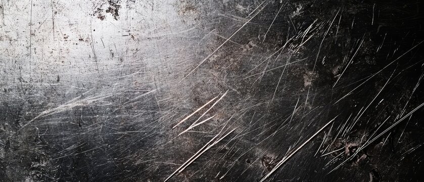 Overlay of scratched metal imperfections, on black background, Generative AI