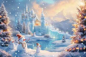 A photo of a painting depicting a snowman and an actual snowman standing in front of a castle, Snowmen building ice castles in a winter landscape, AI Generated