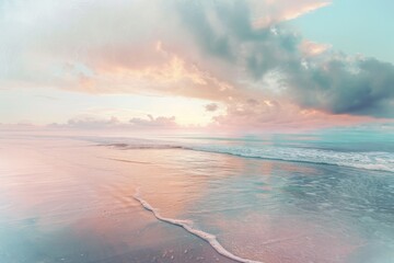 This photo captures a vibrant painting of a beach with powerful waves crashing onto the shore, Soft pastel color transitions mimicking a tranquil ocean view, AI Generated