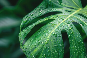 Obraz premium Close-up of Green Monstera Leaf with Water Droplets.
