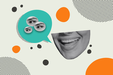 Composite artwork collage image picture of mouth talk dialogue bubble people eyes isolated on...