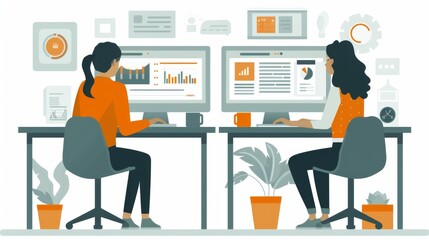 Fototapeta premium Two Women Working Together on Their Desktops