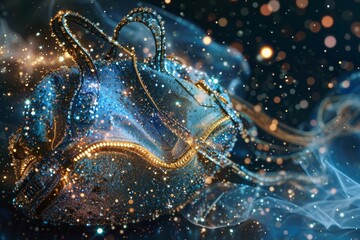 A photo of a stylish blue bag with a decorative gold chain attached to it, Sparkly and magical graphics of an ambu bag, AI Generated