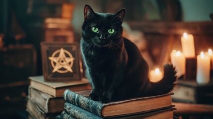 Black Cat with Green Eyes on a Stack of Books with Pentagram and Candles