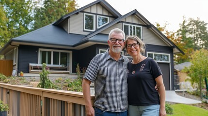 Happy homeowner couple standing in outdoor backyard deck of a newly bought house. Real estate and future planning concept