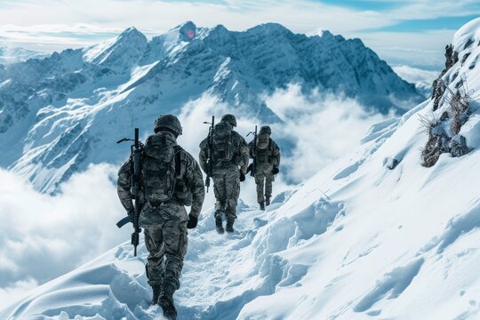 Group of Soldiers Climbing Snow-Covered Mountain, Special forces soldiers enduring rigorous endurance training in a snow-capped mountain, AI Generated