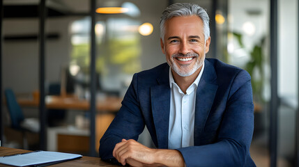 Fototapeta premium Handsome businessman in his 50s, sitting in a modern office, wearing a business suit and smiling in the camera