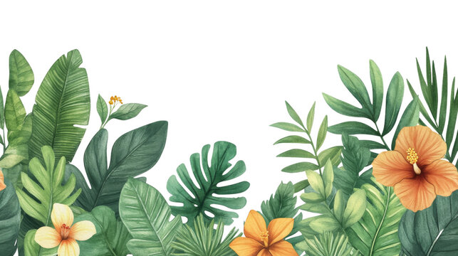 Vibrant Tropical Watercolor Botanical Artwork with Palm Leaves, Banana Fronds, and Hibiscus Flowers for Summer Invitations and Floral Backgrounds - Powered by Adobe