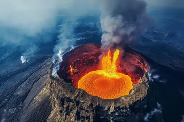 This aerial photo captures a volcano in the ocean, showcasing its imposing presence and the surrounding sea, Spectacular view from above of an active volcano, AI Generated