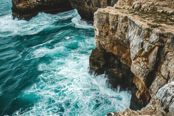 Obraz premium A rocky cliff overlooking a body of water, offering a rugged and scenic view, Spectacular view of cliffs alongside the turbulent Atlantic Ocean, AI Generated