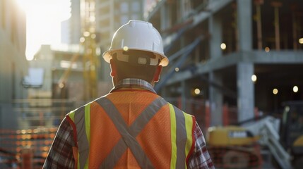 Back shot of construction worker. An industrial worker at a construction site, symbolizing the hard work and dedication of laborers.