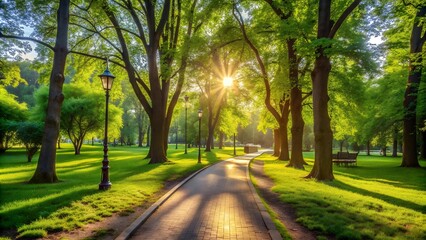 Obraz premium Sun-Dappled Path: A City Park Escape Generative AI