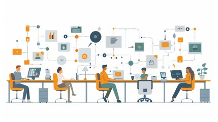 Cartoon vector Outsourcing concept with different departments and tasks linked to external agencies