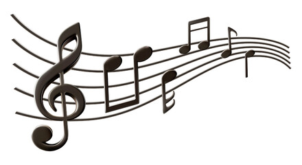 Music sheet elements for melody recording. Treble clef and notes icons. Classic decoration for festival poster. Wavy lines swirl as melody flow. Symbol denote musical sound. Realistic 3d design