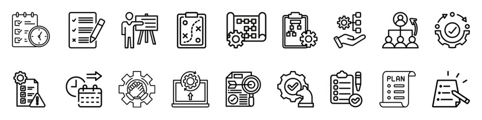 Action plan, thin line icon set. Symbol collection in transparent background. Editable stroke outline icon.