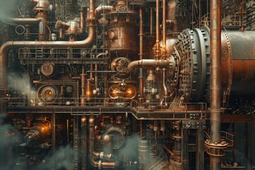 A realistic painting depicting a steam engine with billowing clouds of steam coming out of its stack, creating a striking image, Steampunk rendition of an intricate pipeline system, AI Generated