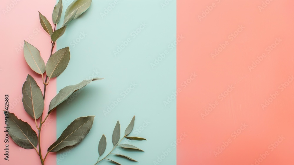 Sticker Minimalist green leaves on pink and blue background.