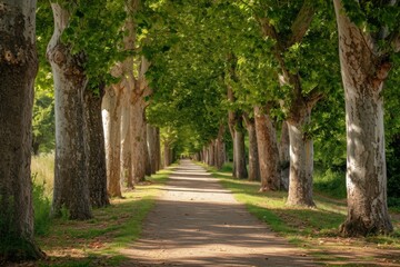 A dirt road winds its way through a dense forest, with towering trees on either side, creating a picturesque scene, Straight pathway under the shade of a poplar tree alley in a park, AI Generated