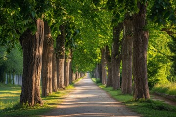 A road lined with trees and grass runs parallel to a forest, creating a picturesque scene of natural beauty, Straight pathway under the shade of a poplar tree alley in a park, AI Generated