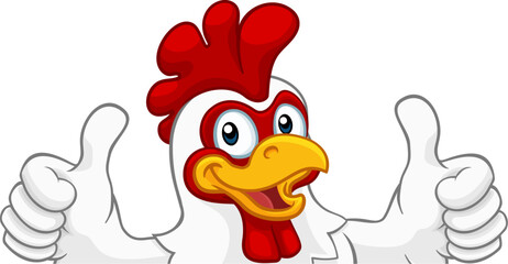 A chicken rooster cockerel bird cartoon character peeking over a sign and giving a double thumbs up © Christos Georghiou