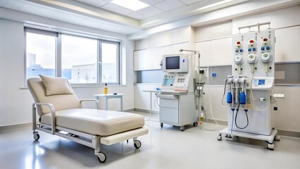 A Modern and Minimalist Depiction of a High-Performance Hemodialysis Machine in a Sterile Hospital Room Environment  Generative AI