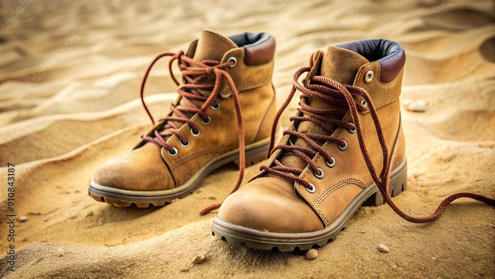 Wall mural Desert Wanderer: Suede Hiking Boots with Sand-Colored Laces  generative AI