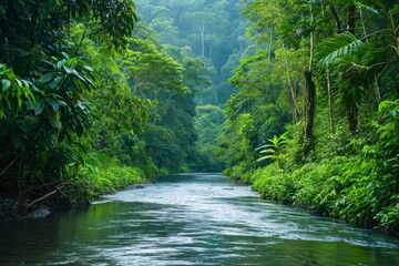 Obraz premium A river cuts through a dense forest teeming with green vegetation, offering a serene view of natures beauty, Strong river current winding through a vivid rainforest, AI Generated