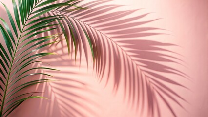 Array of blurred palm leaf shadows on a soft pink backdrop. The abstract design creates a versatile and modern platform for showcasing your summer or spring products.