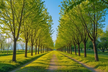 Fototapeta premium An artwork depicting a road stretching into the distance, enclosed by trees on either side, Stunning tree alley in a park under a clear blue sky, AI Generated