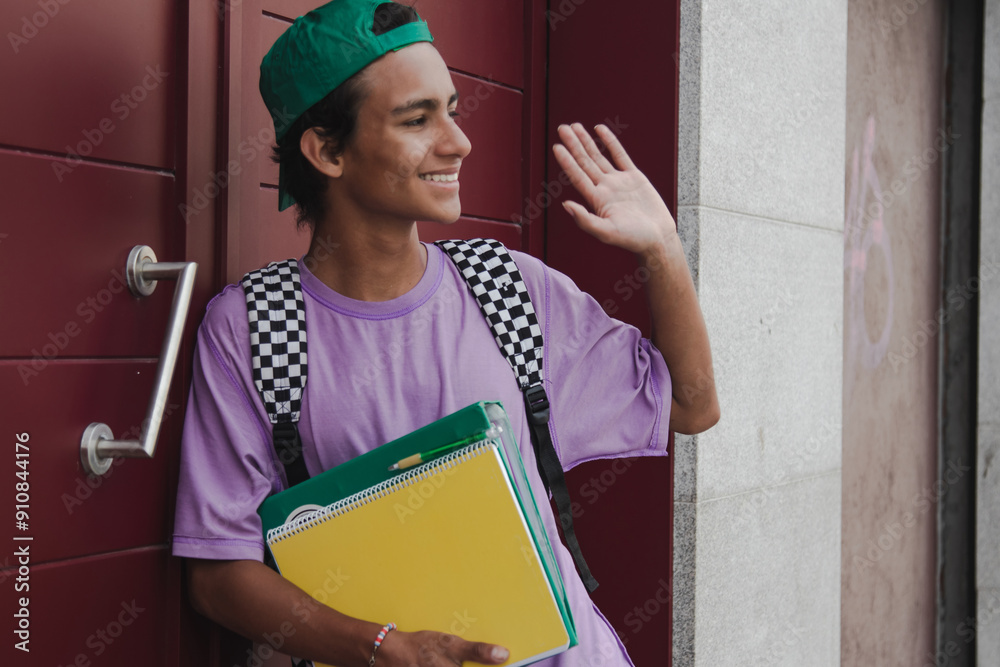 Poster teenage student with books and backpack waving hand