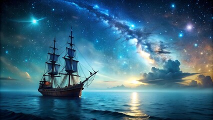 Fototapeta premium A majestic pirate ship cuts through the vibrant waves, its sails billowing in the wind as it sails tow AI Generated
