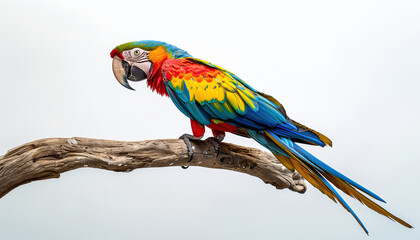 Beautiful plumage vibrant vivid colors Macaws Parrot standing leafless wooden branch Isolated white background