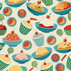 seamless pattern of ice cream bowls and dessert plates
