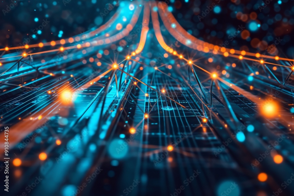 Poster A vibrant abstract background featuring intersecting blue and orange lines with scattered dots, Stylized image of a network bridge in operation, AI Generated