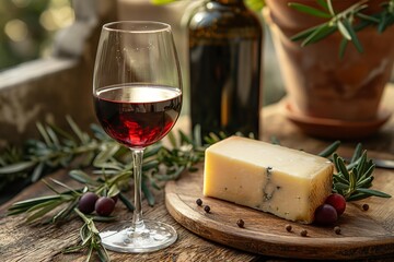 glass of red wine, parmesan cheese on a wooden board and olive branches blurred background