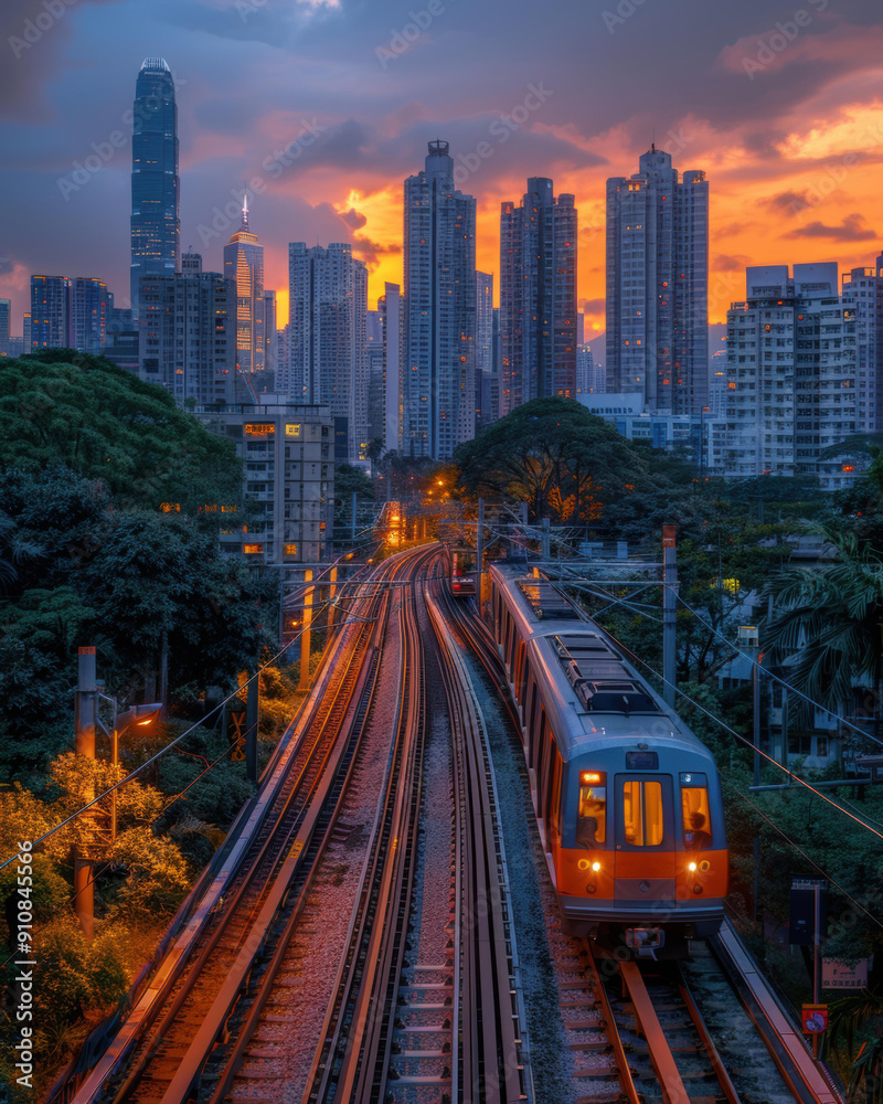 Poster A train travels through a city at sunset. AI.