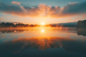 Fototapeta premium The sun casts a warm golden glow as it sets over a serene lake, creating a peaceful and tranquil scene, Sunrise captured from a birds-eye view over a calm lake, AI Generated