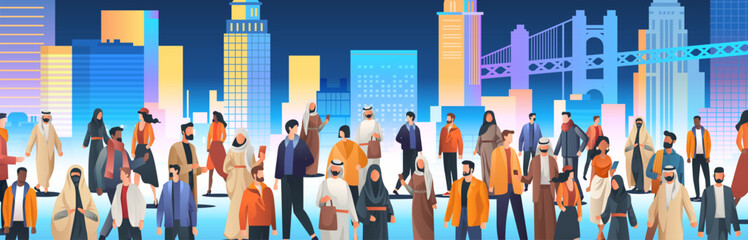 Obraz premium Diverse people in urban cityscape multicultural community modern city background colorful buildings