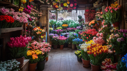 A flower shop in Valmiera, Latvia, is filled with colorful flowers like tulips and roses, as well as potted plants.