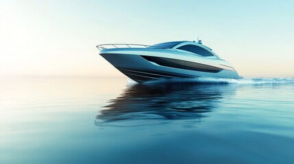 Fototapeta premium A chic motorboat with a streamlined pearl white design cutting swiftly through calm, transparent waters, producing a sleek, smooth wake.