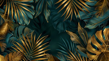 Tropical leaves of dark blue and green color, shiny golden light texture. Luxurious gold wallpaper. Black and gold background.