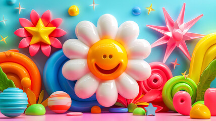 Fototapeta premium Colorful, cartoonish scene with a smiling flower, colorful, playful shapes and elements and stars