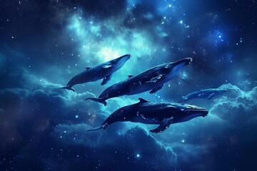 A pod of dolphins gracefully swimming together in the open waters of the ocean, Surrealistic scene of whales floating in a starry sky, nestled in the heart of the ocean, AI Generated